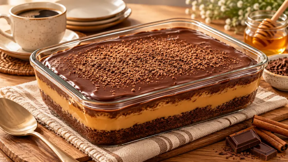 Pão de mel saudável de travessa com cobertura de chocolate, recheio cremoso e mesa posta aconchegante.