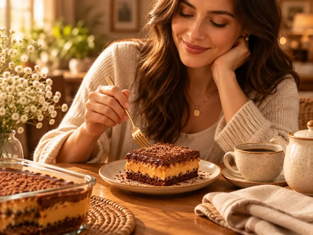 Mulher pronta para saborear uma porção individual de pão de mel saudável servida em mesa posta com café.