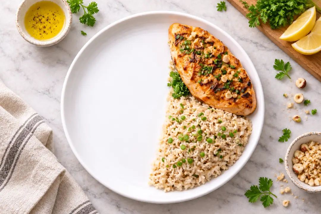 Metade de um prato saudável com salmão grelhado e arroz integral representando proteína e carboidrato complexo