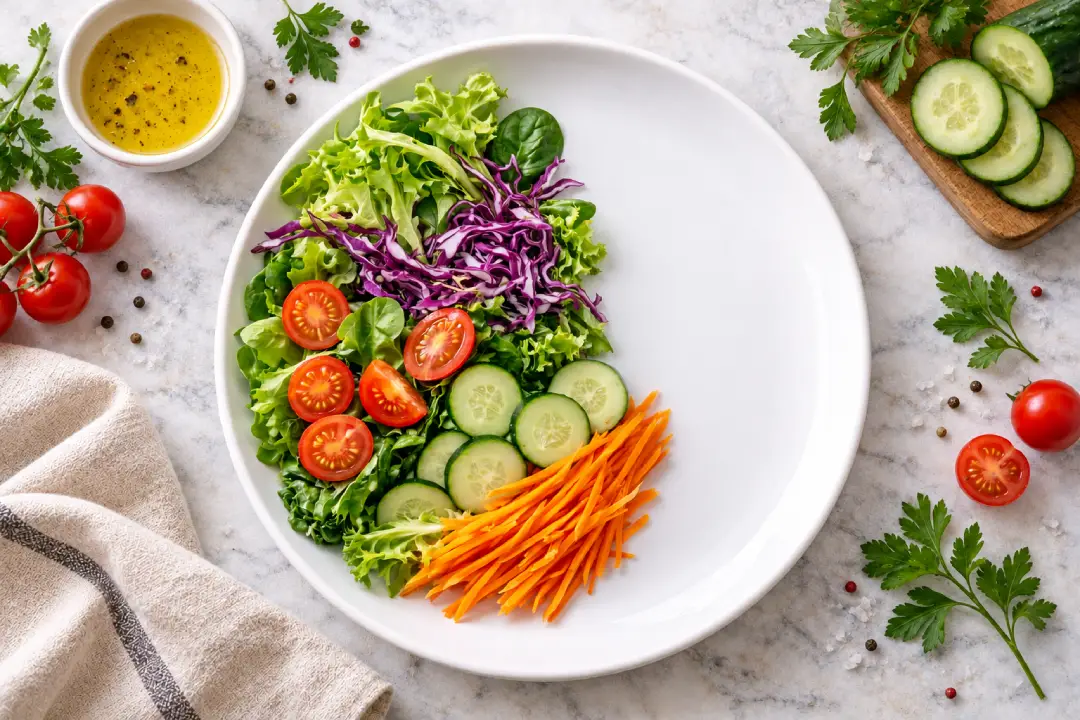 Metade de um prato saudável preenchida com vegetais coloridos como alface, tomate, pepino e cenoura.