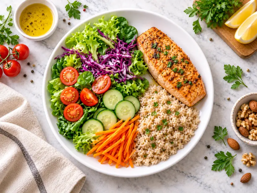 Prato saudável completo com salmão grelhado, arroz integral, salada colorida, cenoura, pepino e tomate, em composição natural sobre fundo claro.