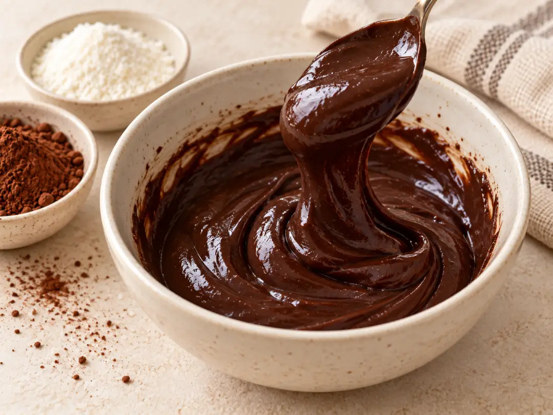 Brigadeiro de colher saudável sendo misturado até atingir textura cremosa e brilhante.
