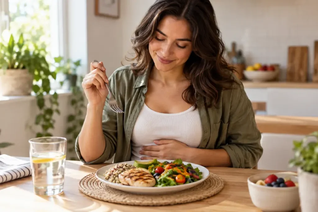 Mulher diante de uma refeição equilibrada observando os sinais do corpo para reconhecer os diferentes tipos de fome.