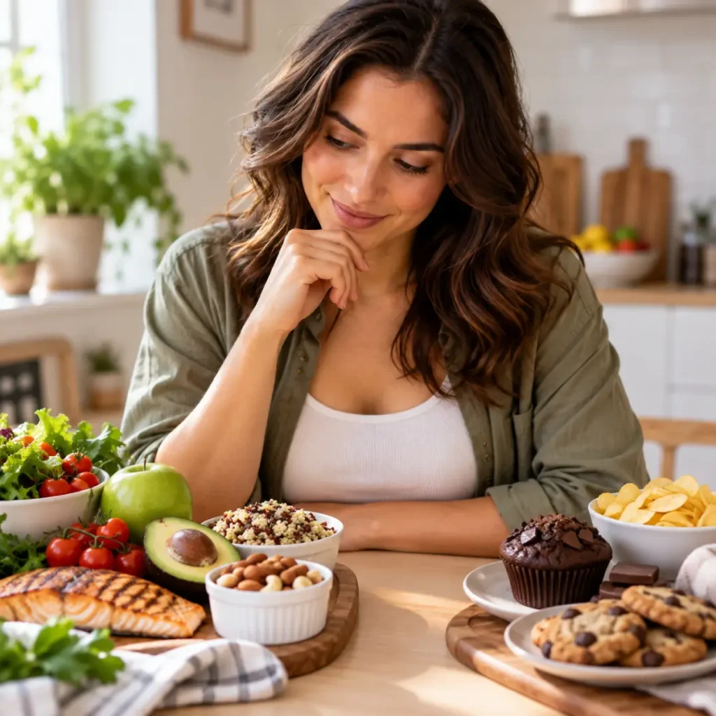 Mulher observa diferentes opções de alimentos e faz uma pausa para perceber o que está por trás da vontade de comer.