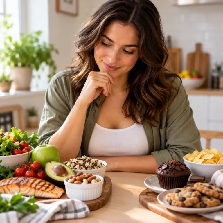 Mulher observa diferentes opções de alimentos e faz uma pausa para perceber o que está por trás da vontade de comer.