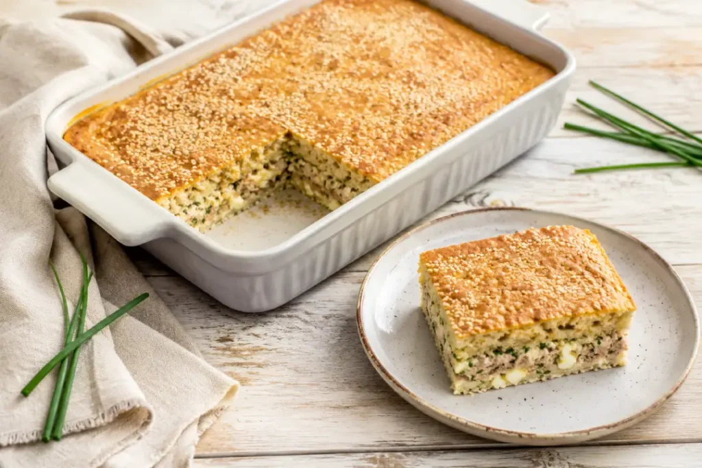 Torta cremosa de atum com ovos e cebolinha