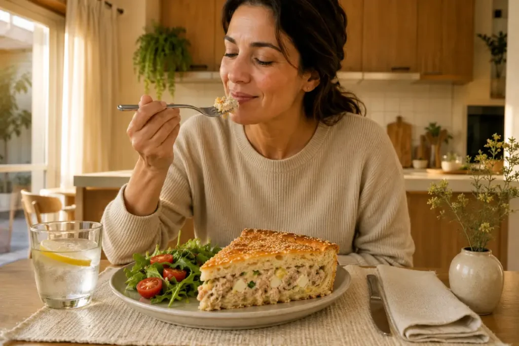 Torta cremosa de atum servida com salada fresca