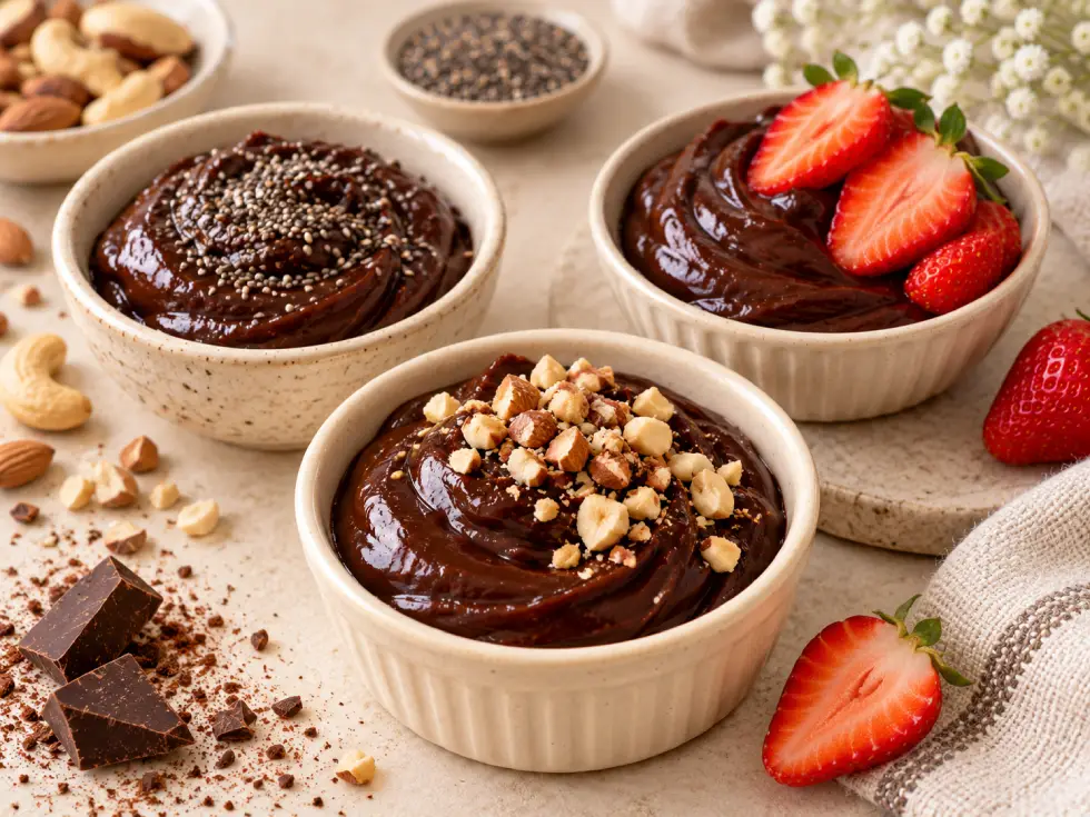 Variações do brigadeiro de colher saudável servidas em potinhos, com chia, castanhas e morangos.