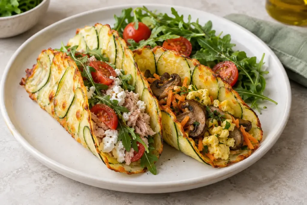Taco de abobrinha com opções de recheio saudável