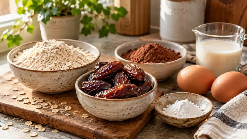 Ingredientes para bolo de cacau com tâmaras sobre bancada: aveia, cacau, tâmaras, ovos, leite vegetal e fermento.