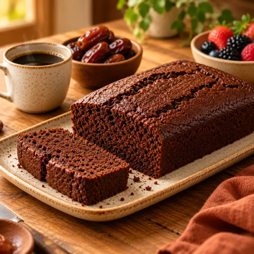 Bolo de cacau com tâmaras retangular, com fatias cortadas, servido com café, tâmaras e frutas frescas.