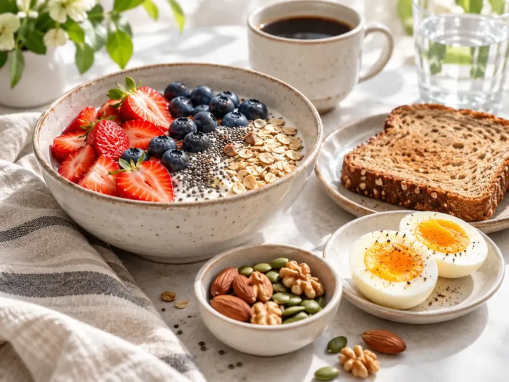 Café da manhã com iogurte, morangos, mirtilos, aveia, chia, pão integral, ovos cozidos e castanhas, mostrando uma combinação variada de alimentos.