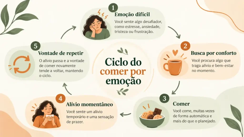 Infográfico do ciclo de comer por emoção, com cinco etapas: emoção difícil, busca por conforto, comer, alívio passageiro e vontade de repetir.