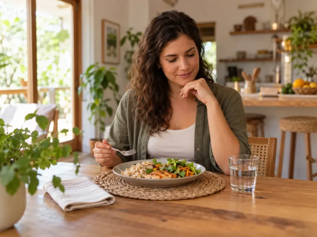 Mulher observa sua refeição com calma, em uma pausa para perceber os sinais da fome física e do comer por emoção.