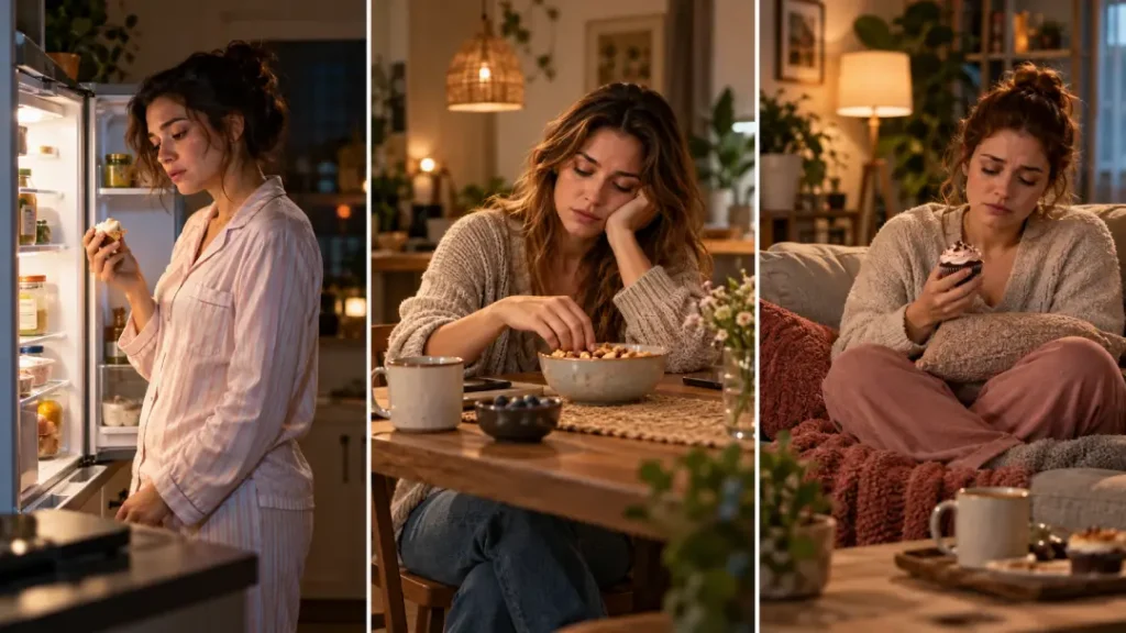Três cenas de comer por emoção: mulher busca comida à noite, outra belisca distraída e uma terceira observa um doce com tristeza.