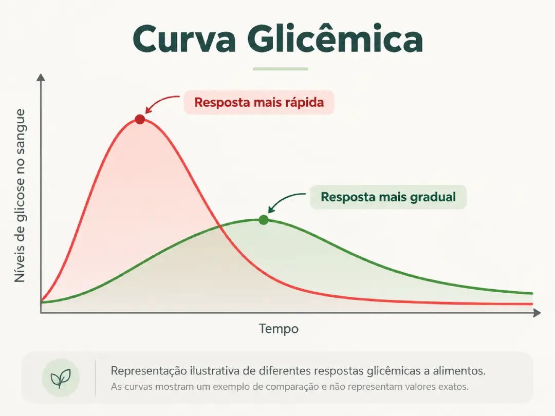 Infográfico com duas curvas glicêmicas comparativas: uma vermelha, com resposta mais rápida e pico mais alto, e outra verde, com resposta mais gradual e prolongada ao longo do tempo.