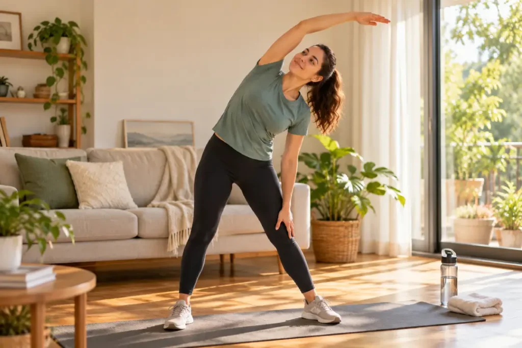 Mulher fazendo alongamento lateral em uma sala iluminada, em uma cena que inspira o leitor: exercite-se com propósito.