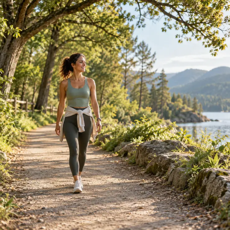 Mulher caminhando por uma trilha arborizada à beira de um lago, representando o convite: exercite-se com propósito.
