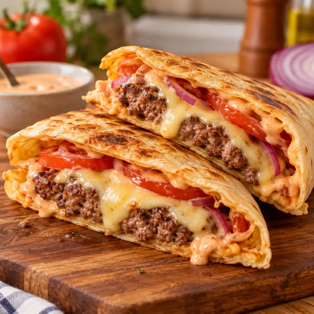 Hambúrguer fit fácil pronto, tostado e recheado com carne, queijo derretido, tomate, cebola roxa e molho especial.