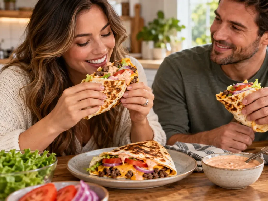 Casal à mesa saboreando o hambúrguer tostado, recheado com carne, queijo, tomate, cebola e molho especial.