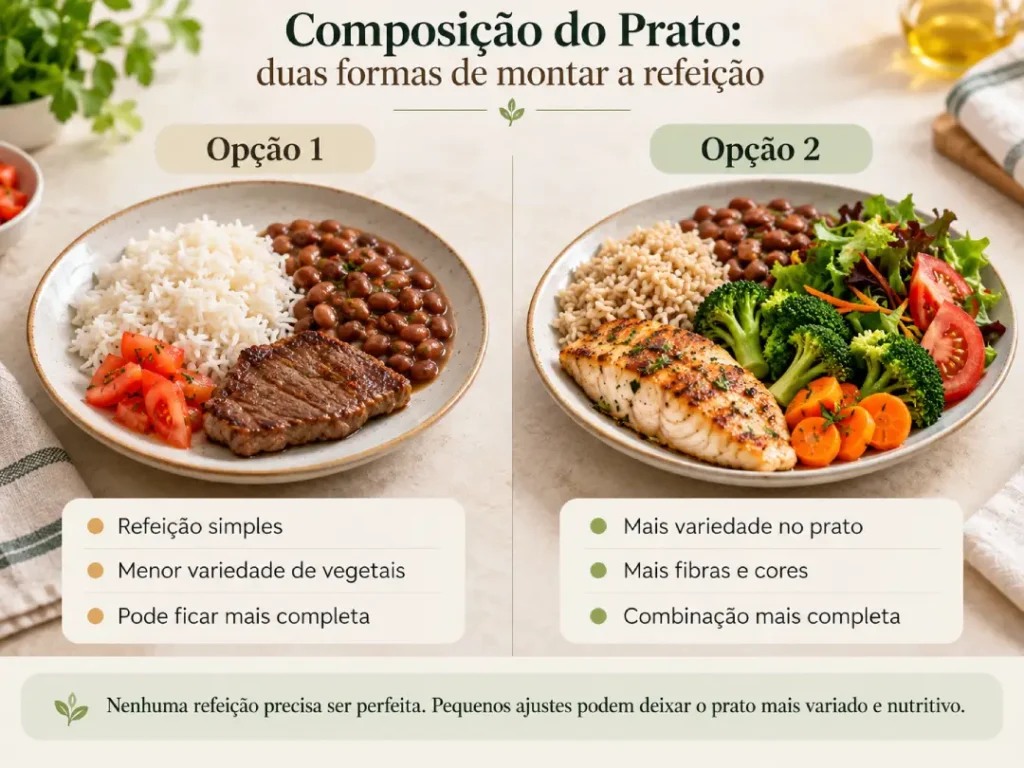 Dois pratos comparativos: um com arroz branco, feijão, carne e tomate; outro com arroz integral, feijão, peixe e vegetais variados.