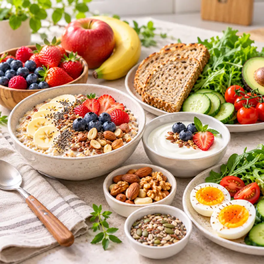Mesa com aveia, iogurte, frutas, castanhas, sementes, pão integral, ovos cozidos e vegetais frescos, representando refeições equilibradas para o tema índice glicêmico.