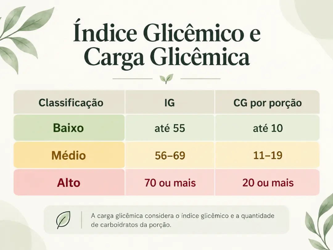 Tabela com a classificação de índice glicêmico e carga glicêmica em níveis baixo, médio e alto.