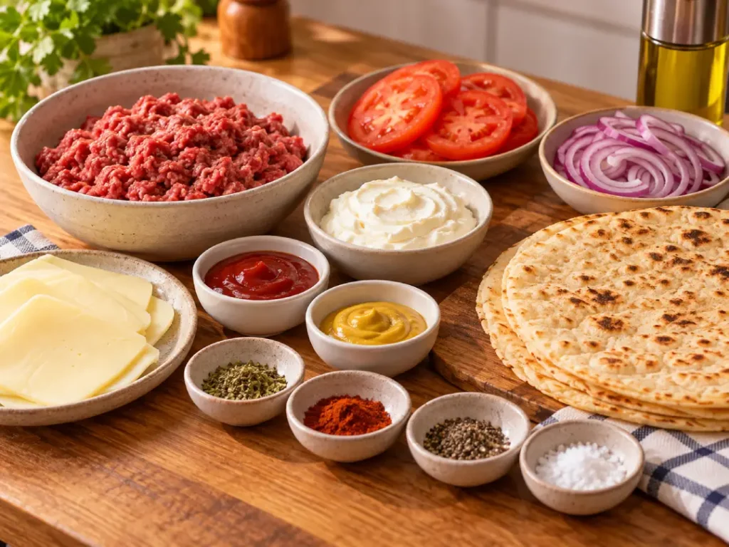 Ingredientes do hambúrguer fit fácil organizados na bancada, com carne moída, queijo, pão sírio, tomate, cebola, creme de ricota, ketchup, mostarda e temperos.