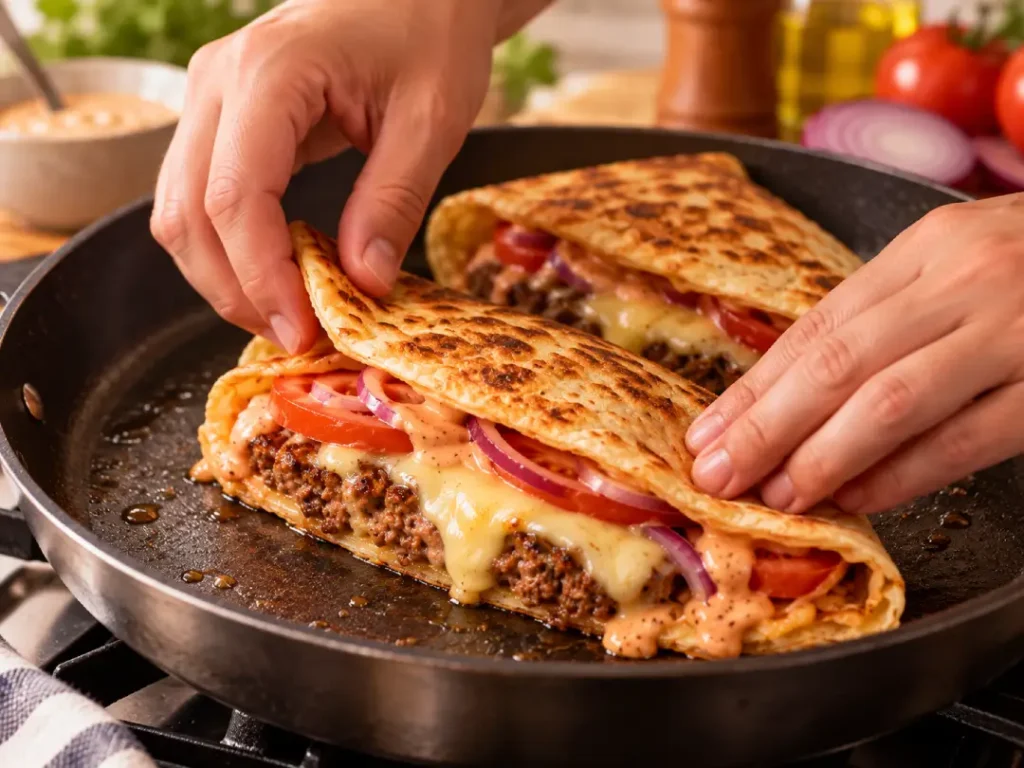 Montagem final na frigideira, com pão sírio tostado, carne, queijo derretido, tomate, cebola e molho especial.