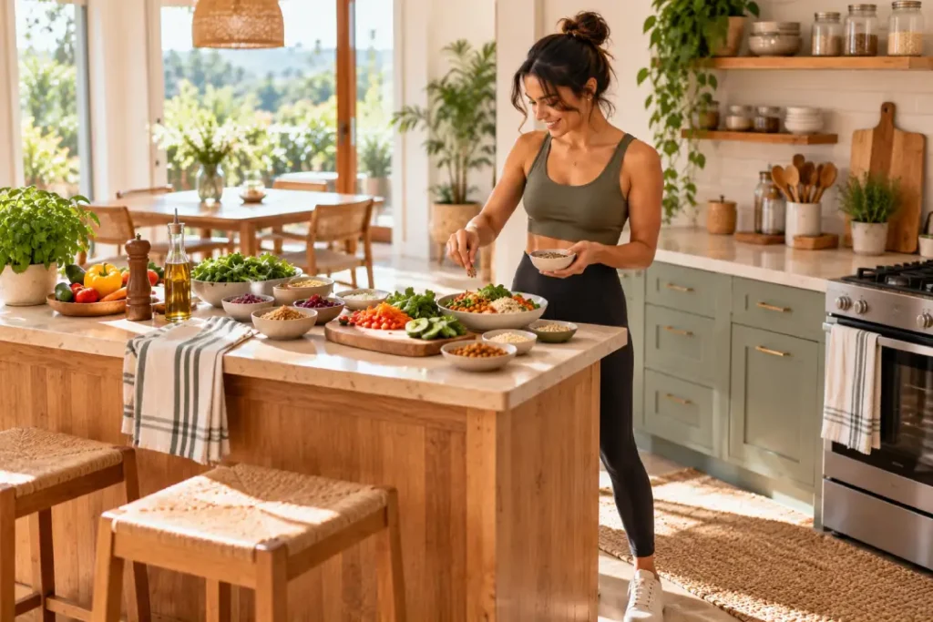 Mulher montando um prato com grãos e legumes em uma cozinha iluminada, com vários alimentos frescos sobre a bancada.