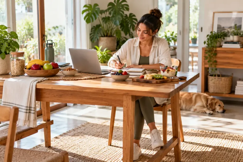 Mulher sentada à mesa fazendo anotações em um caderno, com frutas, iogurte e um notebook ao seu redor.