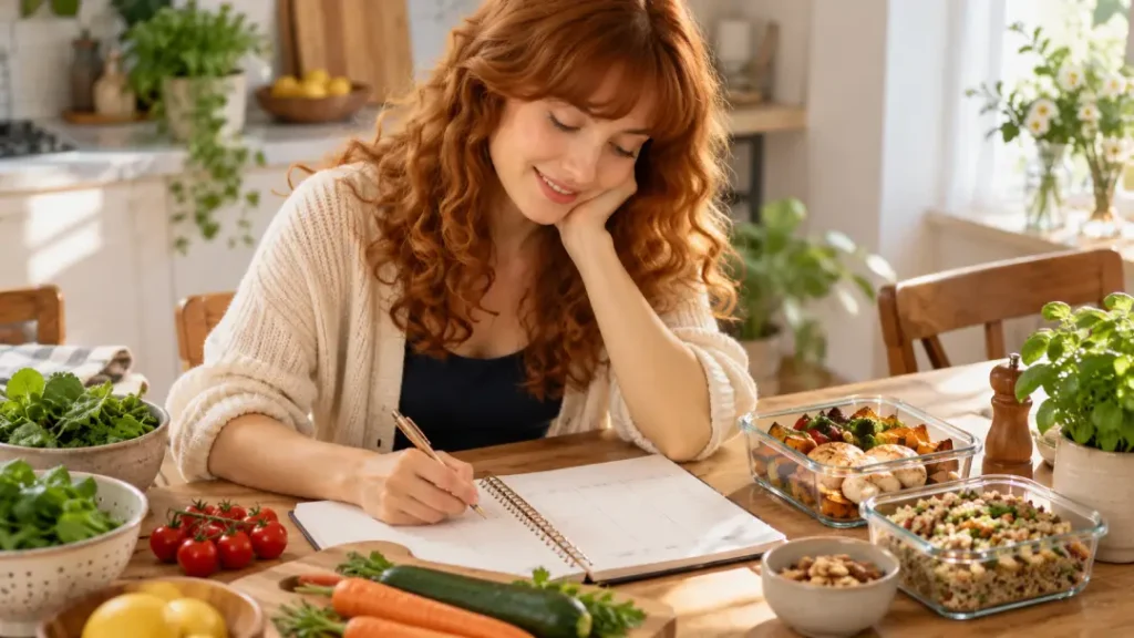Mulher organizando o planejamento alimentar semanal em um caderno.