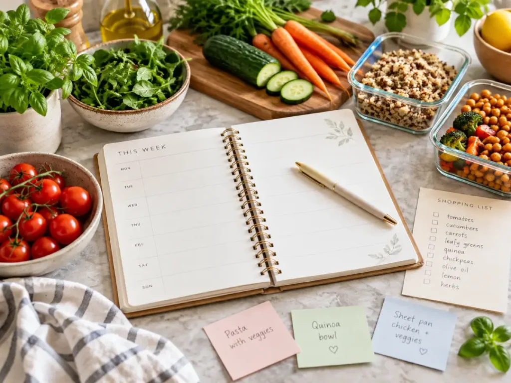 Planner usado para organizar o planejamento alimentar semanal com lista de compras e refeições.