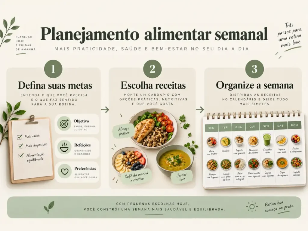 Infográfico com três passos para montar um planejamento alimentar semanal.