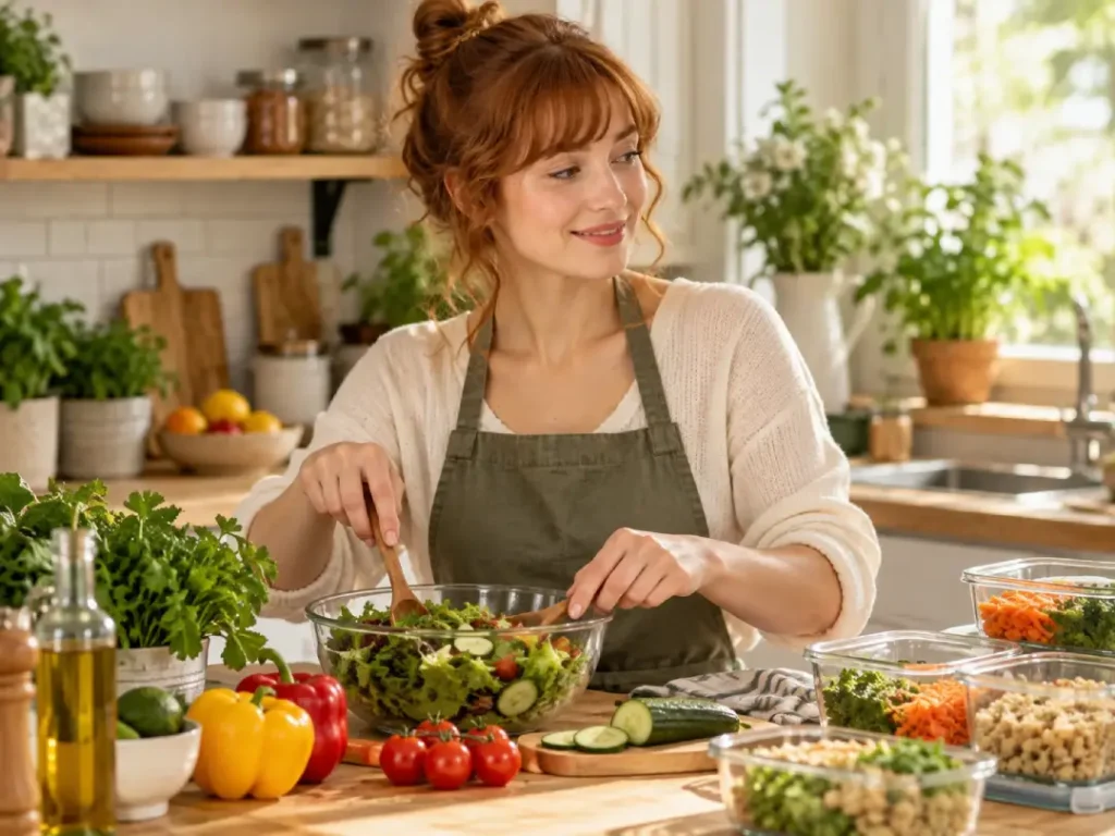 Mulher preparando salada e organizando refeições na cozinha.