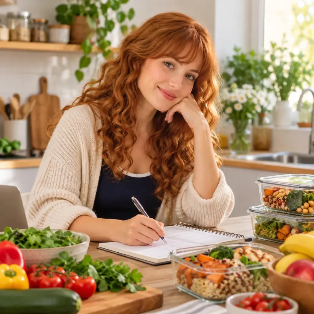 Mulher fazendo o planejamento alimentar semanal com alimentos frescos e marmitas.