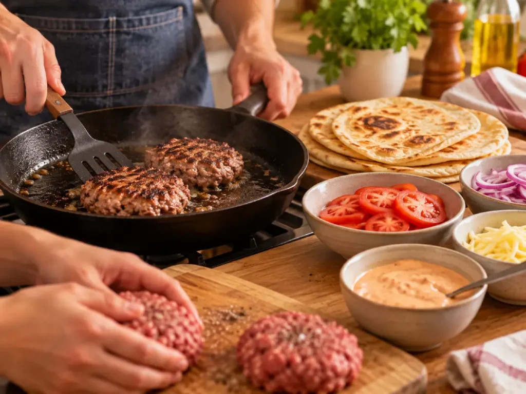 Preparo do hambúrguer fit fácil na frigideira, com hambúrgueres sendo selados enquanto os ingredientes aguardam a montagem.