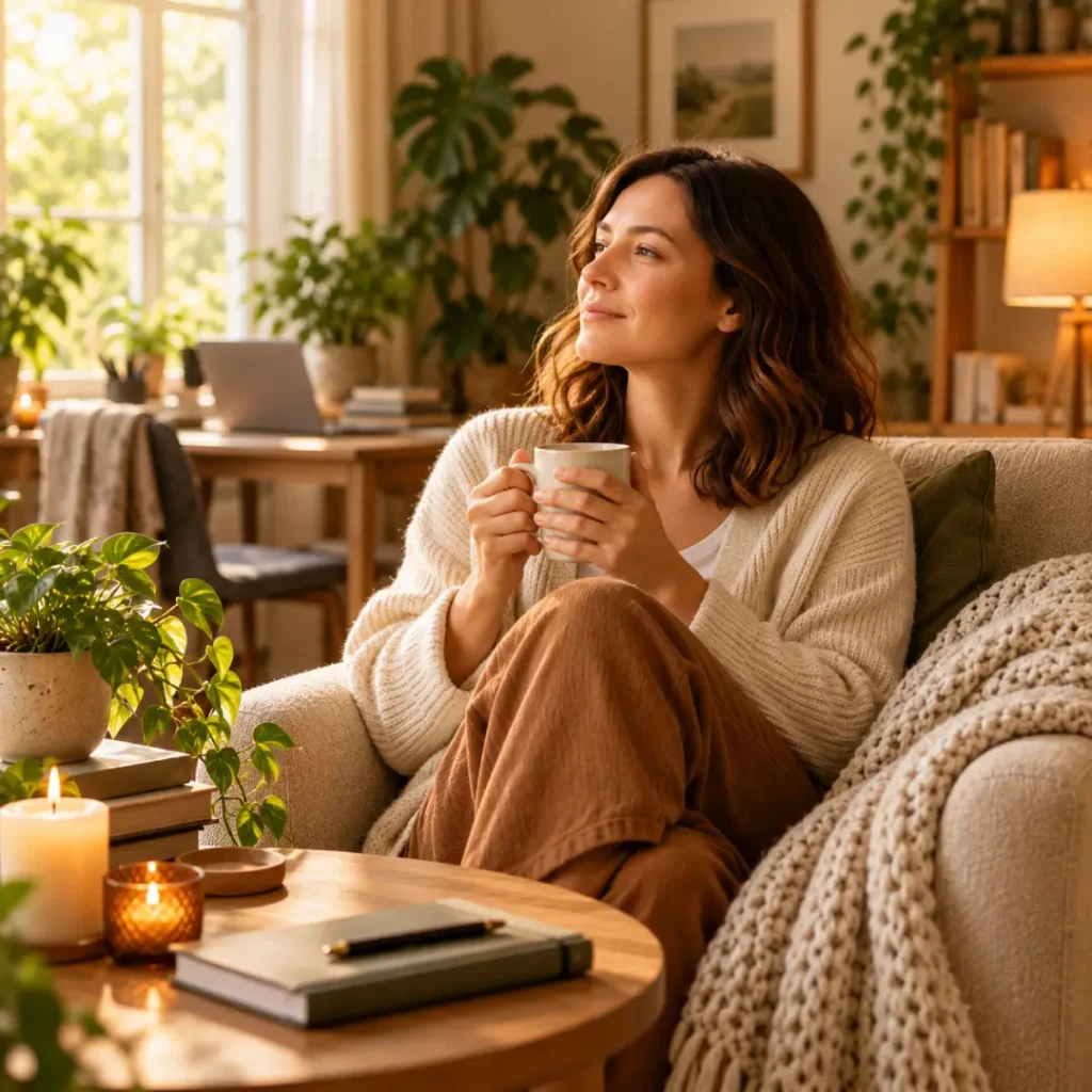 Mulher sentada em uma poltrona, segurando uma caneca, em um ambiente acolhedor com plantas e luz suave, simbolizando uma pausa consciente diante da Síndrome da Pressa.