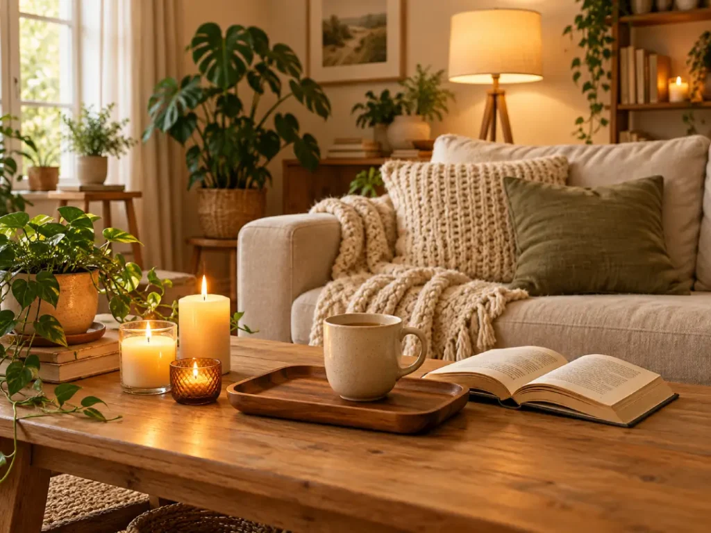 Sala aconchegante com caneca sobre a mesa, livro aberto, velas acesas, sofá com manta e plantas ao redor.